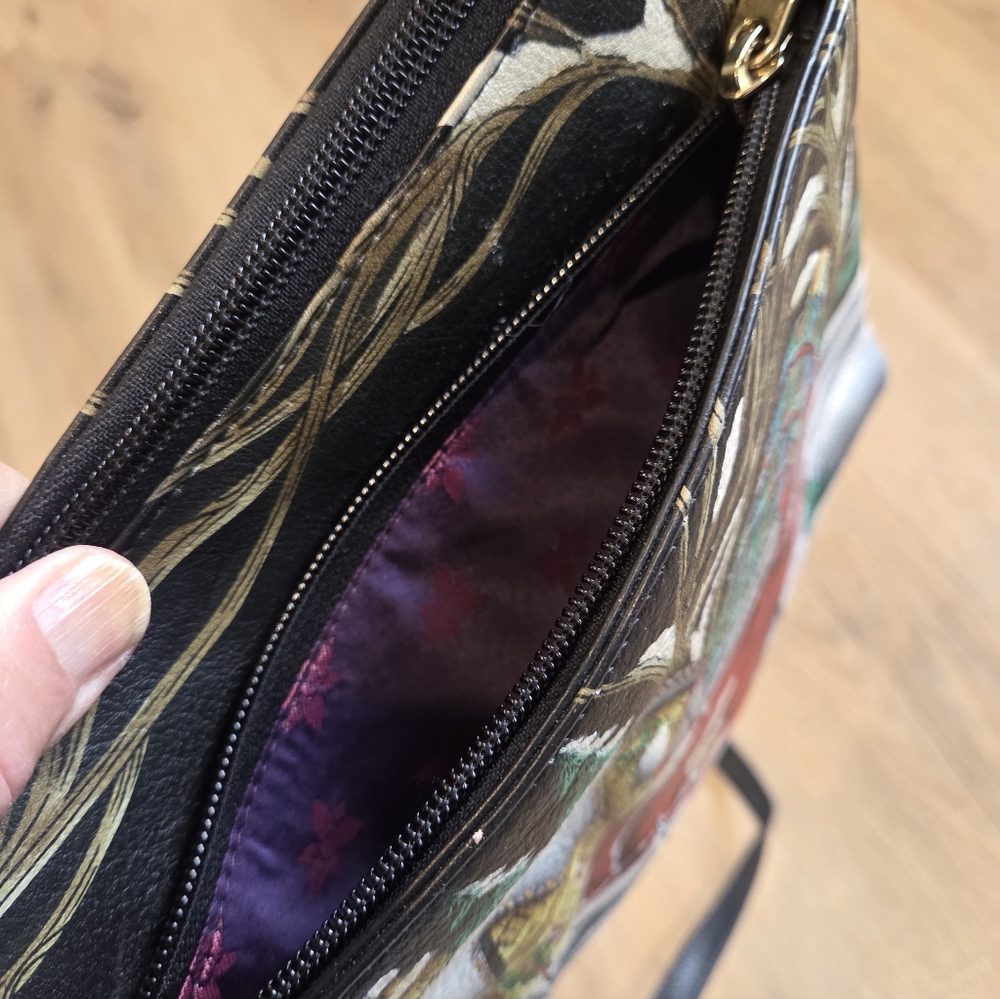 Anuschka Hand-Painted Leather Crossbody Peacock Winter Tree Design Colorful Art - Picture 7 of 13